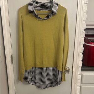 Investments Olive Green Layered Sweater with Black & White Printed Hem